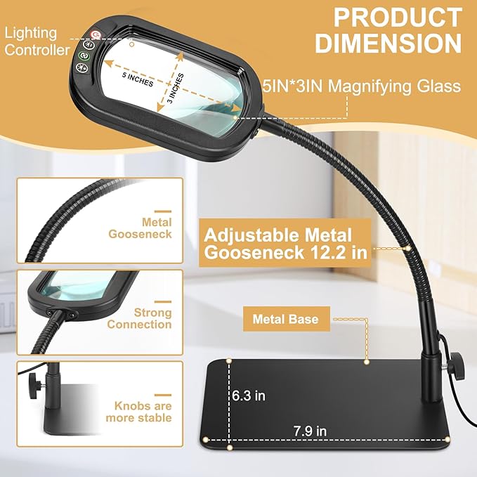 Veemagni 10X Rectangle Magnifying Glass with Light and Stand, Flexible Gooseneck LED Lighted Desk Lamp, 5 Color Modes Stepless Dimmable, Hands Free Magnifier for Reading Crafts Painting Close Work