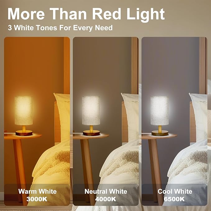 Red Light Lamp for Bedroom, Nightstand Lamp with 670nm Red & 3 White Light Modes, Remote Control, Timer, Night Light, Dimmable LED Bedside Table Lamp with Memory Function, Wood Base & Fabric Shade