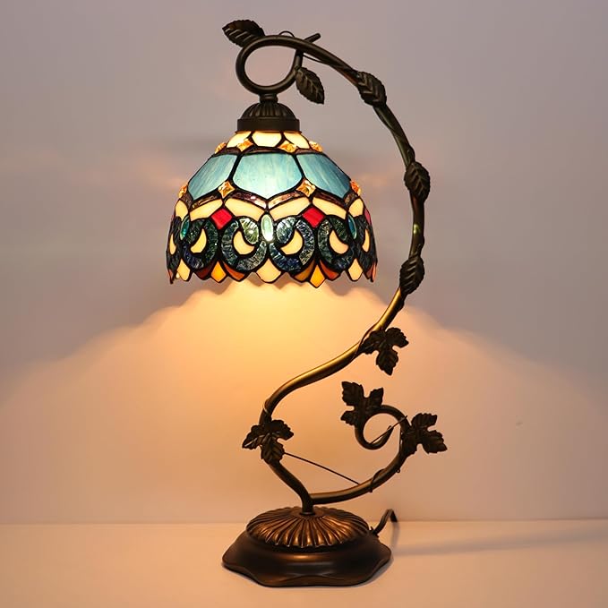 Tiffany Table Lamp, Stained Glass Desk Reading Light,Metal Leaf Table Lamp Base 8X10X21 Inches (Blue Baroque)