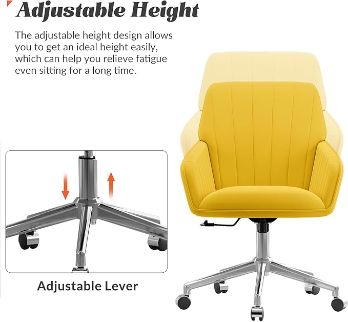 YISHENG Velvet Office Desk Chair with Silver Base, with Wheels,Modern Height Adjustable 360 Degree Swivel Upholstered Vanity Chairs with Arms for Living Room Bedroom,Yellow