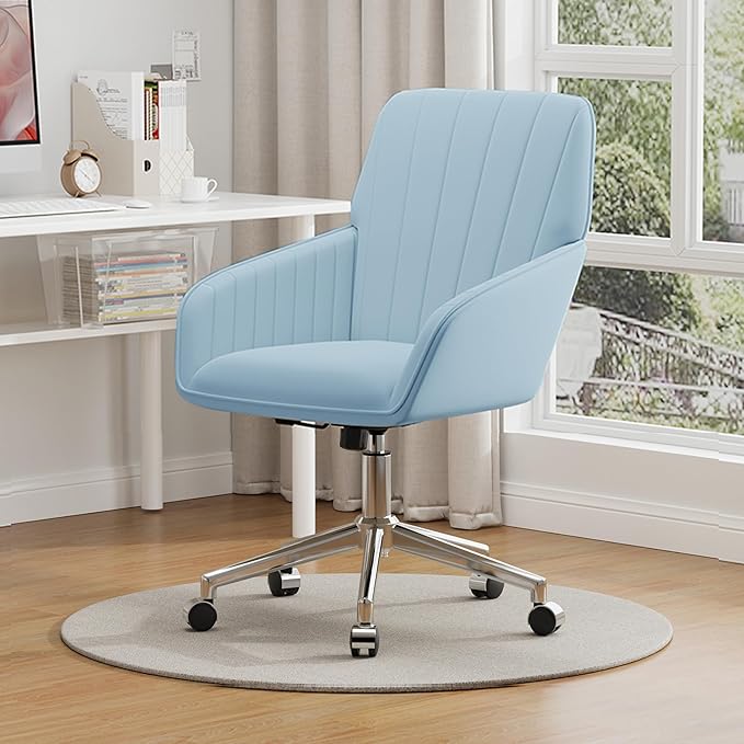 YISHENG Velvet Office Desk Chair with Silver Base, with Wheels,Modern Height Adjustable 360 Degree Swivel Upholstered Vanity Chairs with Arms for Living Room Bedroom,Light Blue
