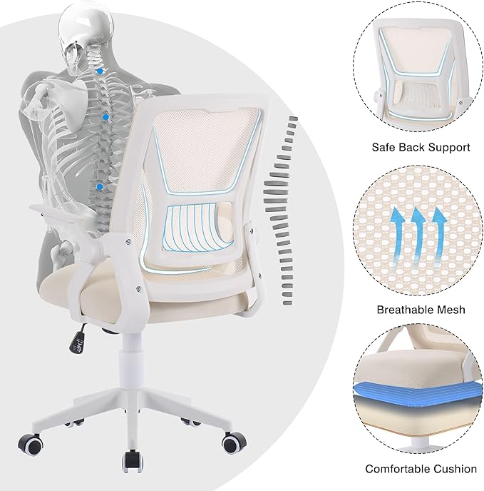 VECELO Mid-Back Swivel Ergonomic Office Chair with Adjustable Arms Mesh Lumbar Support for Computer Task Work, Beige