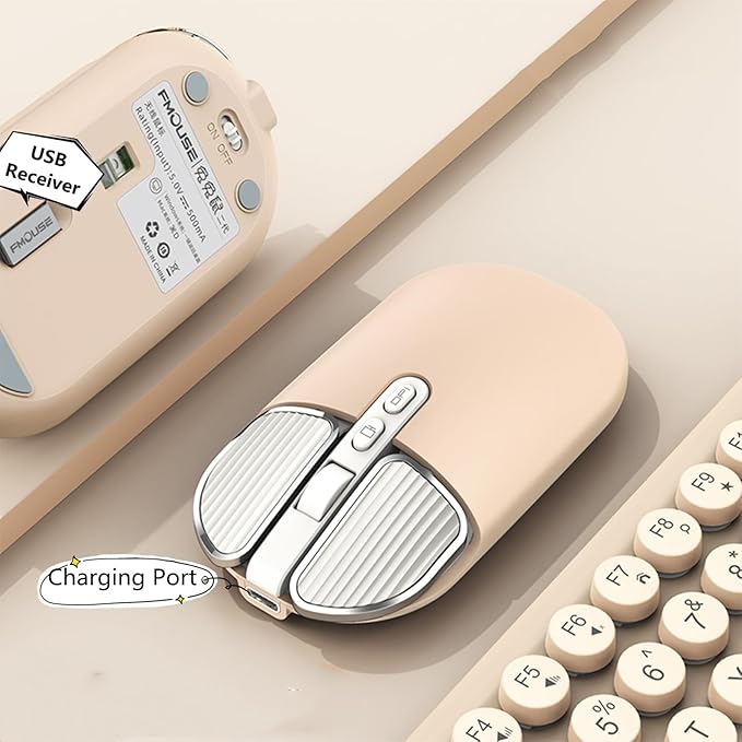YOCUNKER Wireless Mouse, 2.4G Rechargeable Silent Slim Computer Mouse with USB Receiver 3 DPI, Back to Desktop Button for PC Laptop Computer Desktop Windows Mac OS Office (Milk Tea)