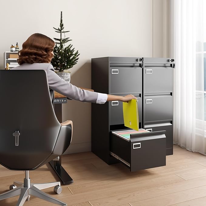 Three Drawer File Cabinet with Lock, Metal Filing Cabinet for Home Office, 3 Drawer Locking Filing Cabinets, Black Vertical File Cabinets for Letter/Legal / A4 / F4 Size, Lockable Design