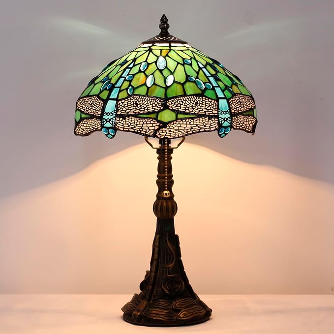 Tiffany Stained Glass Table lamp 12X12X19 Inch Green Dragonfly Style Desk Bedroom Living Room Reading Light (Green Dragonfly)