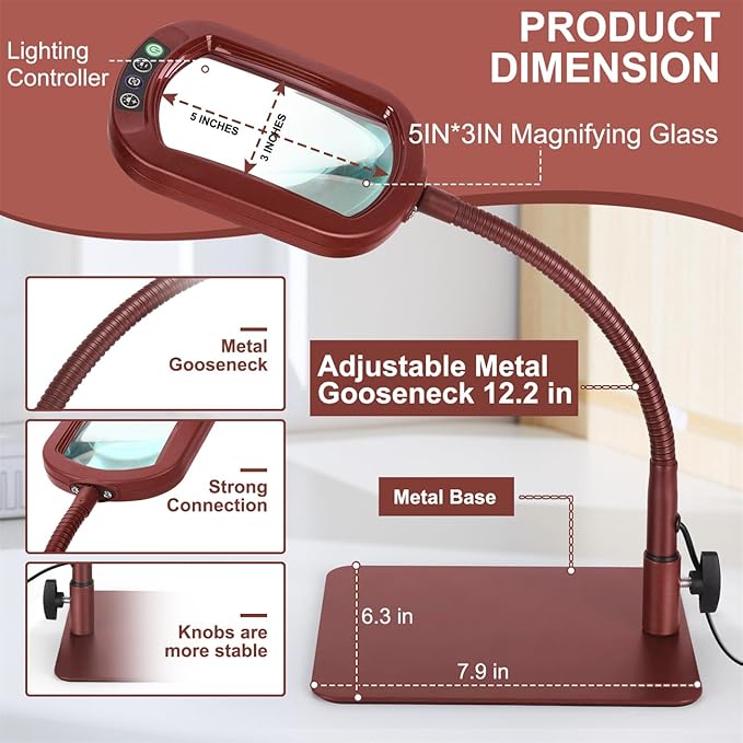Veemagni 10X Rectangle Magnifying Glass with Light and Stand, Flexible Gooseneck LED Lighted Desk Lamp, 5 Color Modes Stepless Dimmable, Hands Free Magnifier for Reading Painting Close Work - Red