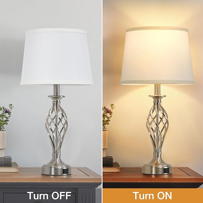 Table Lamp for Bedroom Set of 2 with USB C+A Ports, Modern Bedside Lamps with Spiral Cage Base, White Fabric Shade, Nightstand Lamp for Living Room Reading Bed Side End Table, 2 LED Bulbs Included