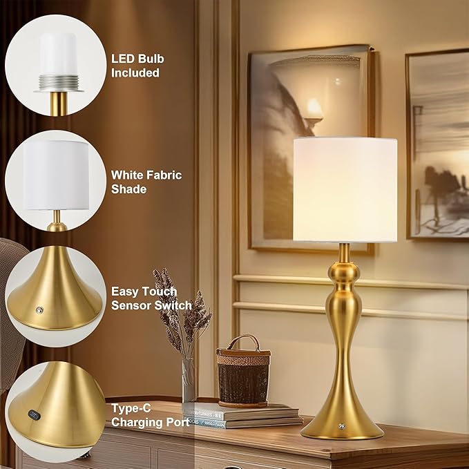 Table Lamp for Bedroom, Cordless Bedside Lamps for Living Room, Touch 3-Way Dimmable Desk Lamp for Night Stands, Rechargeable, Battery Operated Lamp with Fabric Shade for Dorm, Home Office (Brass)