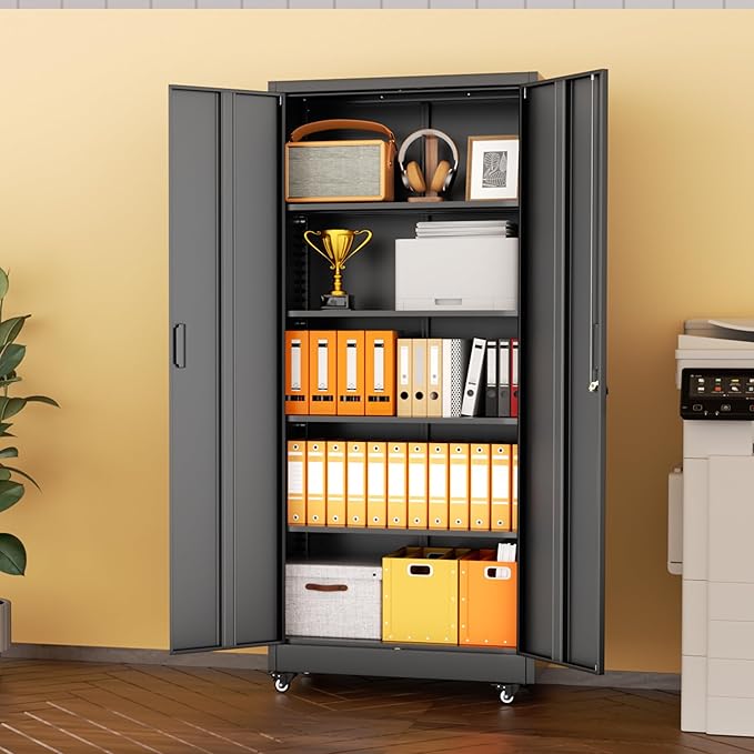 INTERGREAT Metal Storage Cabinet with Wheels, 73" H Rolling Metal Cabinets with Doors and Shelves, Steel Lockable Cabinet on Wheels, Black Office Storage for Home/Garage