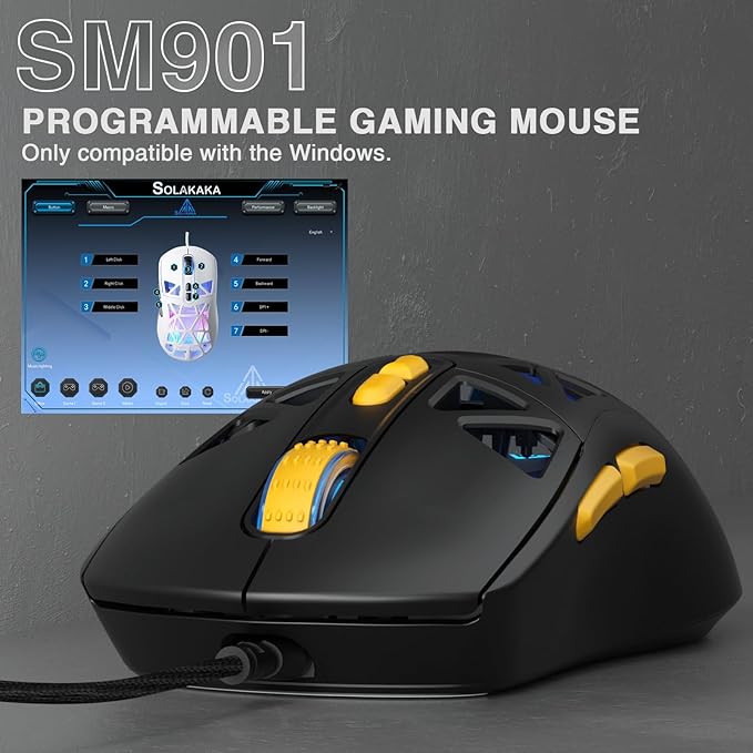 SOLAKAKA SM901 Gaming Mouse,13800DPI RGB Mouse with Programmable Buttons,53g Lightweight Wired Mouses for Gamer,Black