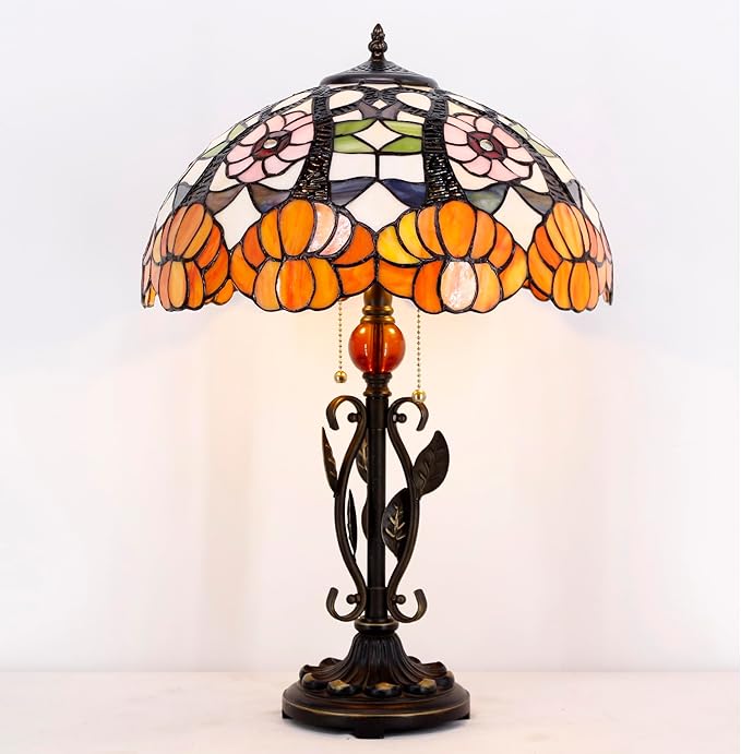 Tiffany Table Lamp Yellow Flower Stained Glass Desk Reading Light 16X16X24 Inch Metal Leaf Base for Bedroom Living Room Home Office