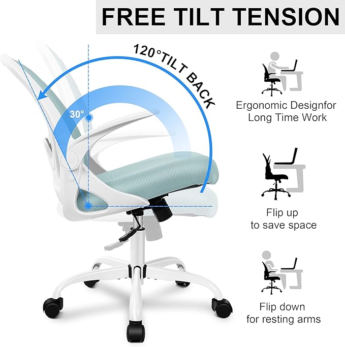 Primy Office Chair Ergonomic Desk Chair with Adjustable Lumbar Support and Height, Swivel Breathable Desk Mesh Computer Chair with Flip up Armrests for Conference Room(Light Blue)