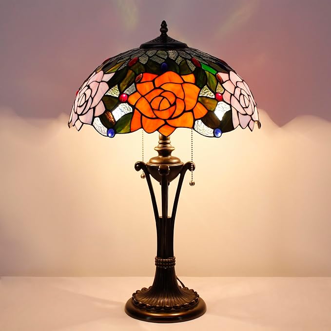 Tiffany Table Lamp Orange Purple Stained Glass Desk Lamp 16X16X24 Inches Rose Flower Style Reading Light