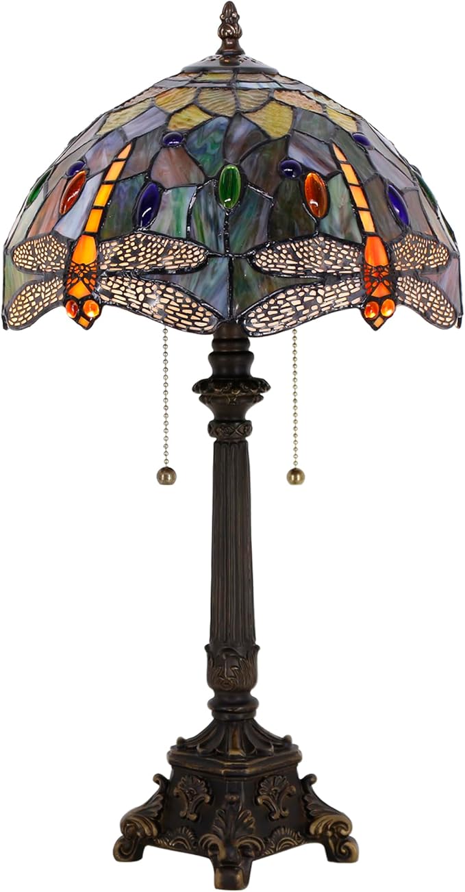 Tiffany Table Lamp Brown Yellow Stained Glass Desk Lamp 12X12X21 Inches Dragonfly Style Reading Light