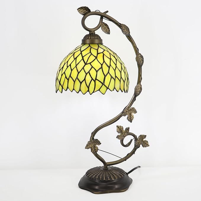 Tiffany Table Lamp, Stained Glass Desk Reading Light,Metal Leaf Table Lamp Base 8X10X21 Inches (Yellow Wisteria)