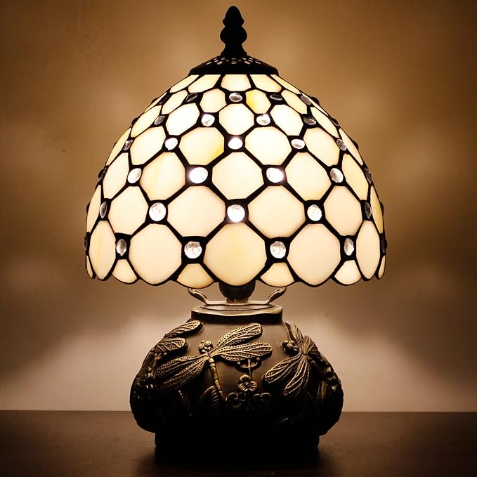 Small Tiffany Lamp Mini Stained Glass Table Lamp Cream Pearl Beads Style Mushroom Desk Light Memory Sympathy Lamp 8X11 Inch