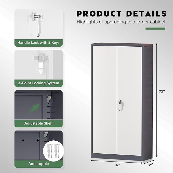 Greenvelly Metal Garage Storage Cabinet, Tall Locking Storage Cabinet with 2 Doors and 4 Adjustable Shelves, Steel Tool Cabinet, Lockable Filling Cabinet for Home, Office, Garage, School (Gray White)