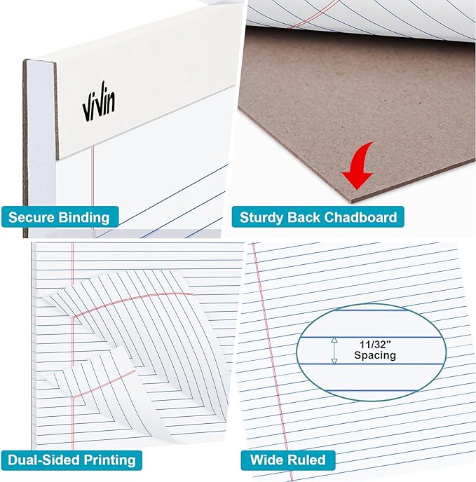 ViVin Legal Pads 8.5 x 11 Inch, Wide Ruled Note Pads, 12 Pack, 50 Sheet/Pad, Perforated Writing Pads, Notepads for Office Home School, 600 Sheets, White Paper