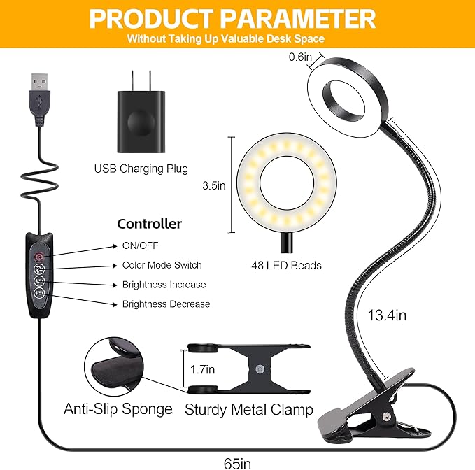 Foneso Desk Lamp Clip on Light with Adapter, 48 LED Reading Lamp with USB Charging Port, 3 Color Mode 10 Brightness Levels, Flexible Gooseneck, Memory Function Clamp Lamp for Home, Office, Makeup