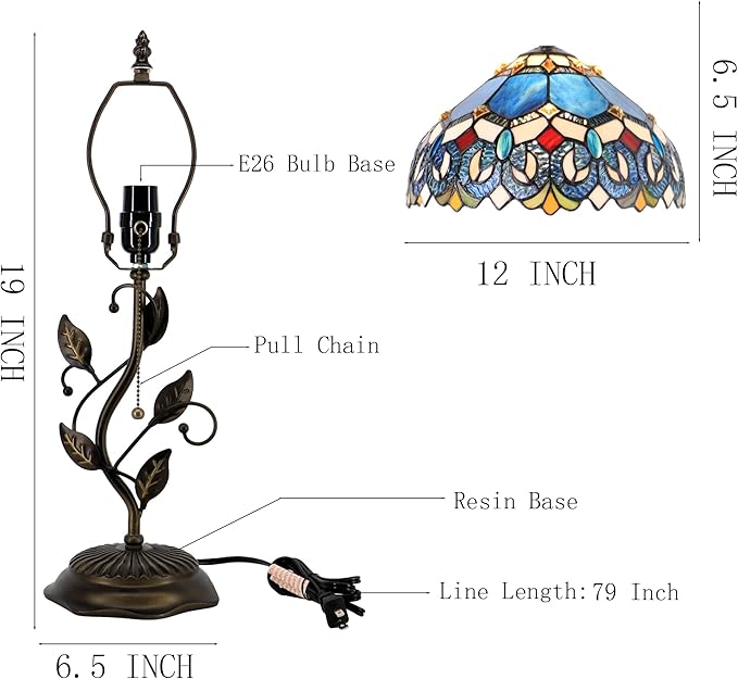 Tiffany Table Lamp, Stained Glass Style Desk Lamp, 12X12X19 Inch,Bedside Reading Light, Metal Leaf Base(Blue Baroque)