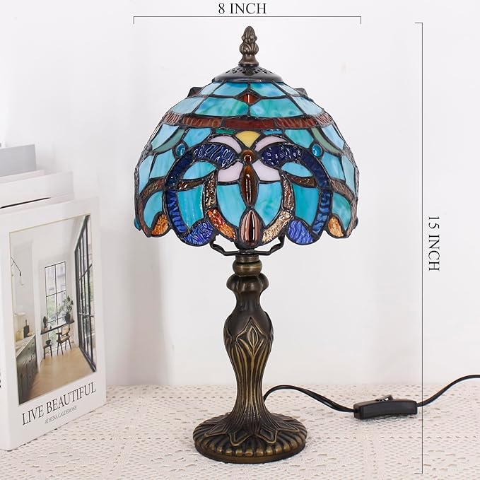 Small Tiffany Lamp Stained Glass Table Lamp Mini Desk Accent Light for Bedroom Bedside Reading Home Antique Style Decor 8X15 Inches (Brown Jewelry Baroque)