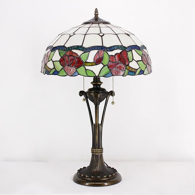Tiffany Table Lamp Red Rose Flower Style Stained Glass Desk Lamp 16X16X24 Inches Reading Light
