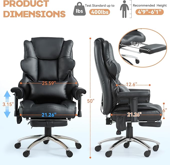 Massage Office Chair with Foot Rest, Ergonomic Executive Heated Office Chair with Reclining Backrest, Adjustable Arms and Lumbar Support, High Back Leather Desk Chairs for Home Office, Black