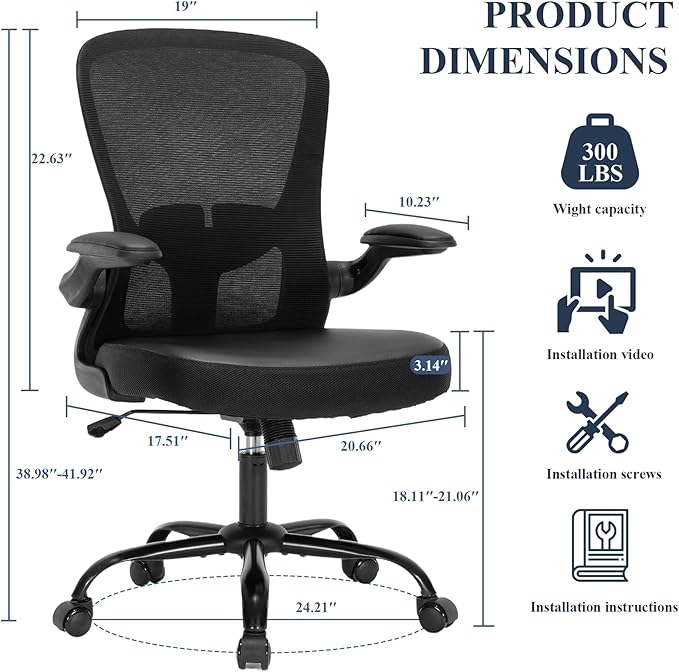 Office Chair, Ergonomic Mesh PU Leather Desk Computer Chair, with Lumbar Support, Adjustable Height, Executive Swivel Rolling with Flip-up Arm, Black