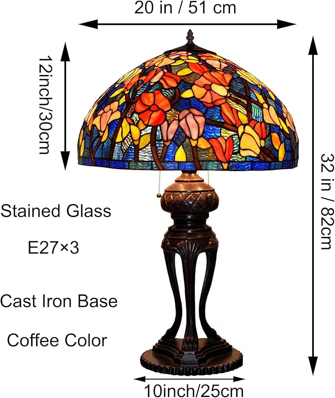 Tiffany Lamp Table Lamp Rose Dragonfly Tulip Wisteria Grape Peach Kapok Peony Apple Flower Design Stained Glass Lampshade Desk Lamp for Girl Living Room Iron Base W20 XH32,Kapok