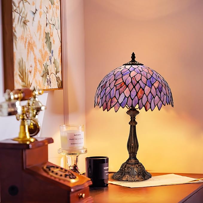 Tiffany Style Table Lamp Vintage Stained Glass Desk Lamp Deep Blue Purple Wisteria Bedside Reading Light Decor Bedroom Living Room Home Office D12 xH18