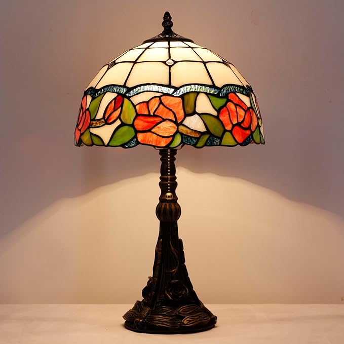 Tiffany Stained Glass lamp 12X12X19 inch red Rose Style Desk Reading Light in Bedroom Living Room (Red Rose)