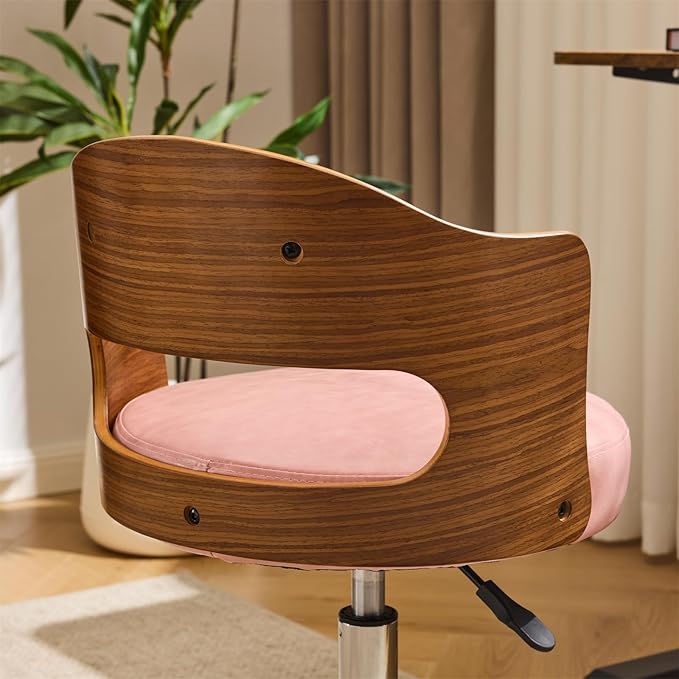 VINGLI Armless Home Office Desk Chair, Adjustable Swivel Chair,Dual-Use with/no Wheels,Small Retro Designed Walnut Curved Task Chair,Cushioned Nail Tech Chair for Study Area,Workspace,PU,Pink