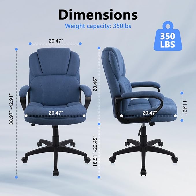 CLATINA Blue Cloth Office Chair Fabric Covered Desk Chair, Adjustable Height Swivel Chairs Ergonomic Executive Chair with Arms and Wheels Comfortable Upholstered 350 LBS