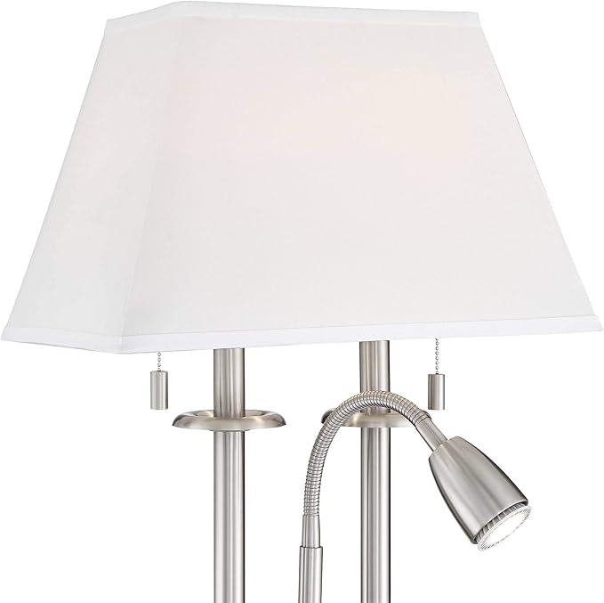 Possini Euro Design Dexter Modern Table Lamp 26" High with USB and AC Power Outlet in Base Brushed Nickel LED Reading Light White Linen Shade for Bedroom Living Room House Desk Bedside Nightstand