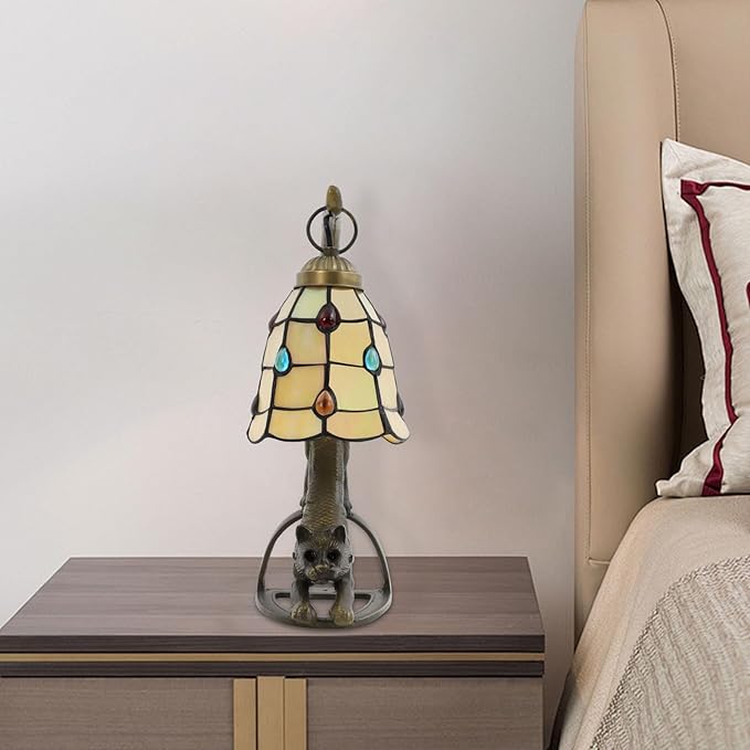 Tiffany Style Table Lamp, Stained Glass Bedside Nightstand Lamps with Cat Base, Vintage Antique Small Desk Light for Bedroom Living Room Home Office Reading Decoration, 5.9x15.74in (Style 2)
