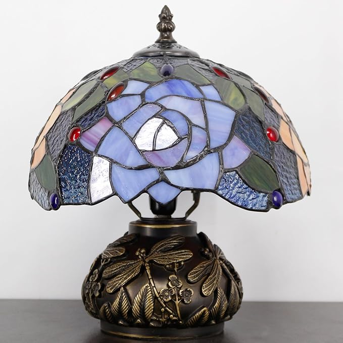 Small Tiffany Table Lamp Yellow Purple Rose Style Stained Glass Desk Lamp 10X11.5 Inch Mushroom Table Light for Office Home Living Room Bedroom