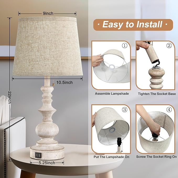 Table Lamps for Bedrooms Set of 2 Farmhouse Bedside Lamps for Nightstand with USB Charging Ports Traditional Side Table Lamps for Living Room Wooden Finish, Pull Chain, Bulbs Not Included