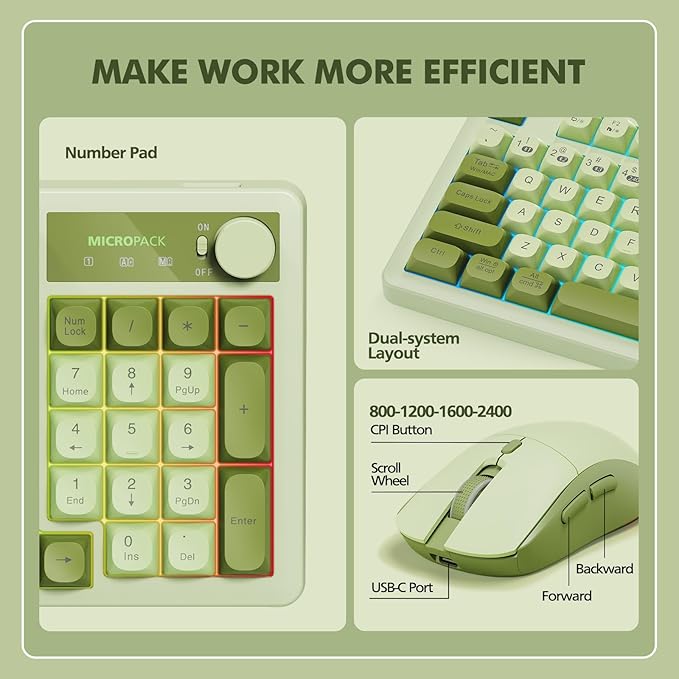 Wireless Keyboard and Mouse Combo Creamy with Number Pad for Desktop Mac iPad Bluetooth/2.4ghz/Wired Rechargeable Light up RGB Quiet Compatible with PC Laptop Tablet (Green)