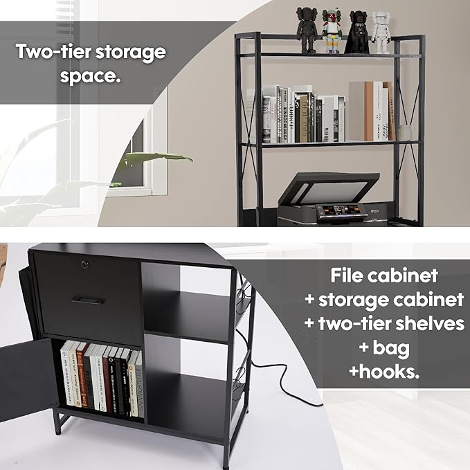 Vertical File Cabinet,Filing Cabinet with Shelves,Charging Station,Hanging Pouch and Hooks,Vertical Filing Cabinet Fits Letter/A4/Legal Size (Black)