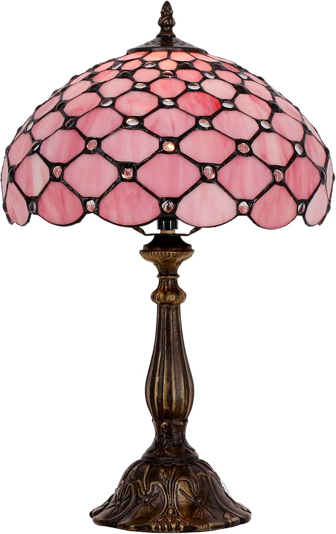 Tiffany Lamp Touch Control Table Lamp Pink Bead Style Stained Glass Desk Lamp 12X12X19 Inches Reading Light
