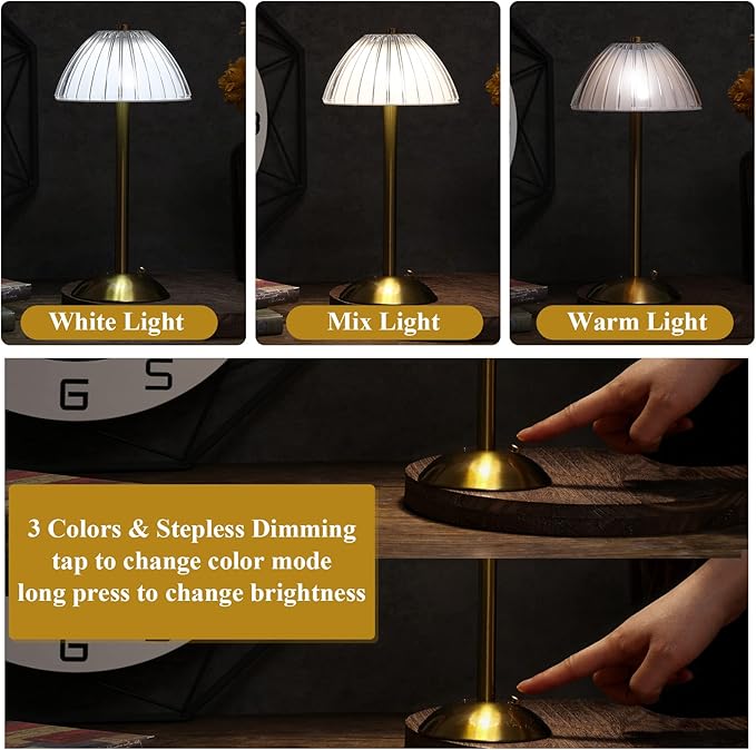 Liliful 4 Pcs LED Portable Cordless Table Lamp Touch Battery Operated Rechargeable Gold Desk Lamp 3 Color Dimmable for Bedroom Living Room Dining (Gold,Mushroom Style)