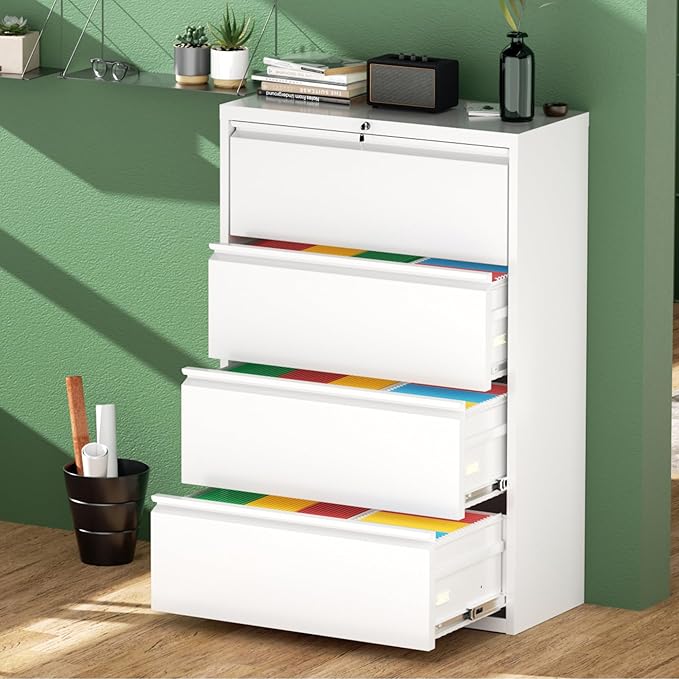 Greenvelly 4 Drawer File Cabinet with Lock, Lateral Filing Cabinets for Home Office, Lockable Metal Lateral File Cabinet, Wide Office File Cabinets with Hanging Files&Key for Letter/Legal/F4/A4