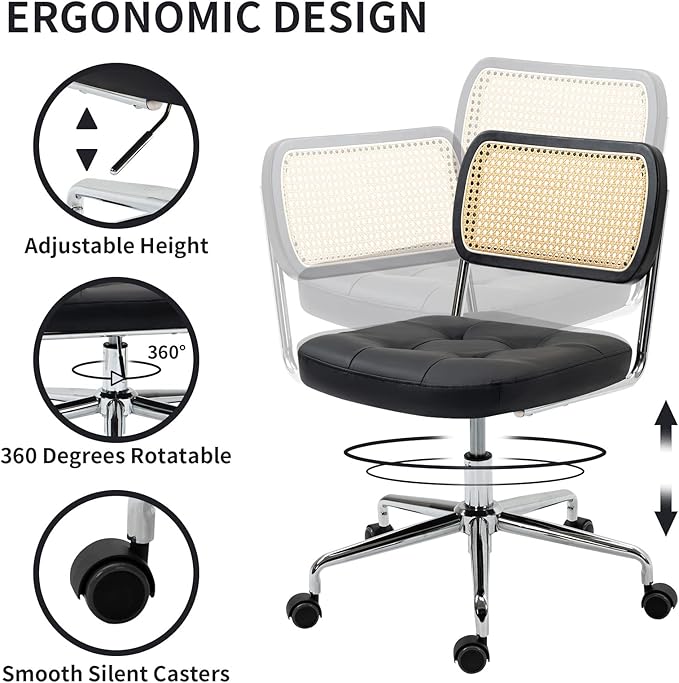 Mid Century Modern Home Office Chair with Wheels, Armless Leather Rattan Desk Chair, Upholstered Adjustable Height Swivel Computer Chair, Black