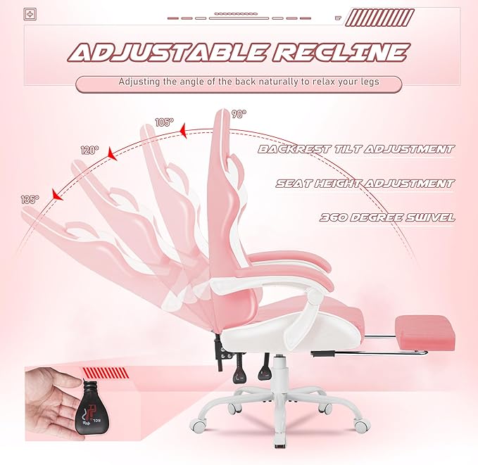 Homall Gaming Chair, Computer Chair with Footrest and Massage Lumbar Support, Ergonomic High Back Video Game Chair with Swivel Seat and Headrest (Pink)