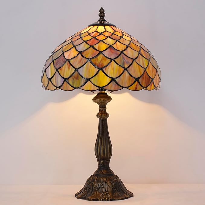 Tiffany Lamp Touch Control Table Lamp Yellow Green Stained Glass Desk Lamp 12X12X19 Inches Fish Scales Style Reading Light