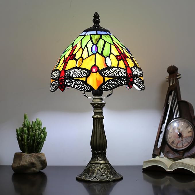 Tiffany Table lamp 8-inch Small Stained Glass lamp in a Vintage Dragonfly Pattern Style can be Used as a Decoration for The Living Room Bedside in The Bedroom or Desk