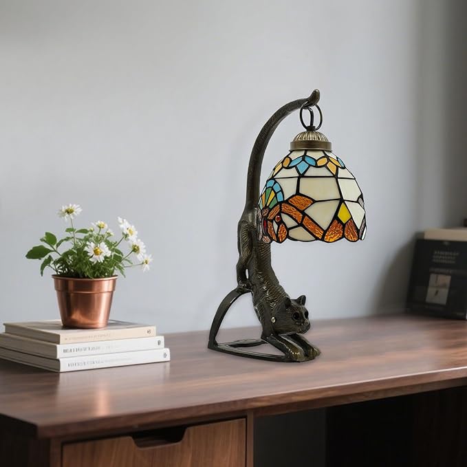 Tiffany Style Table Lamp, Stained Glass Bedside Nightstand Lamps with Cat Base, Vintage Antique Small Desk Light for Bedroom Living Room Home Office Reading Decoration, 5.9x15.74in (Style 1)
