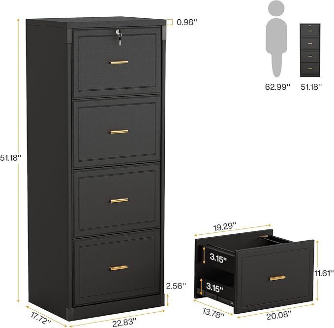 Tribesigns 4-Drawer File Cabinet with Lock, Locked File Cabinet with Key, Tall Wooden Filing Cabinets for Home Office, Vertical Office Storage for Legal Size/Letter/A4/Files, Black (2 Piece)