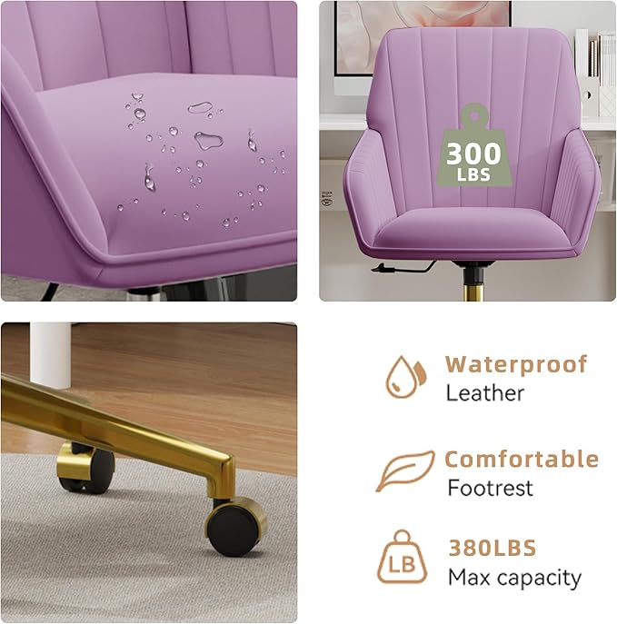 YISHENG Velvet Office Desk Chair with Gold Base, with Wheels,Modern Height Adjustable 360 Degree Swivel Upholstered Vanity Chairs with Arms for Living Room Bedroom,Purple