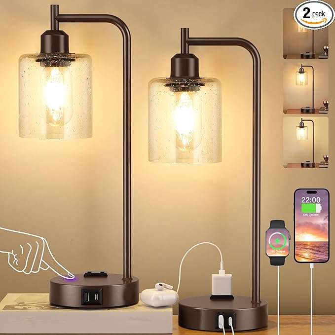 Innqoo Industrial Touch Table Lamps - 3-Way Dimmable Desk Lamps Set of 2 with USB C+A Ports and Outlet, Brown Bedside Lamps with Clear Glass Shade for Living & Bedrooms